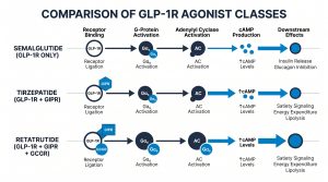 Comparison of GLP-1R agonist classes: semaglutide (GLP-1R only), tirzepatide (GLP-1R + GIPR), retatrutide (GLP-1R + GIPR + GCGR), showing receptor targets and cAMP signaling cascade for research reference