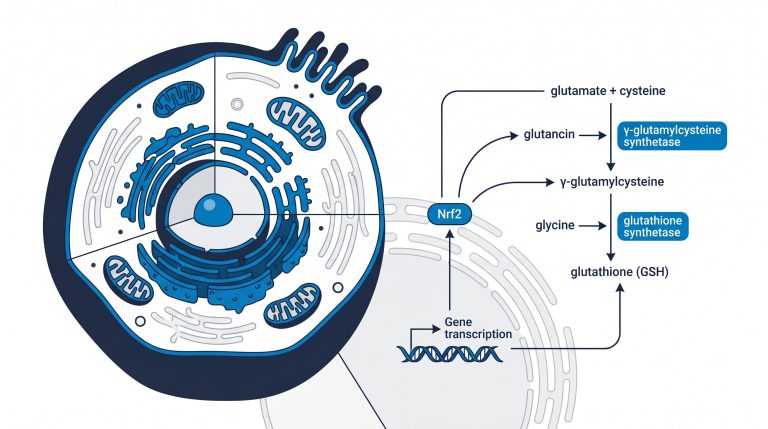 Diagram of glutathione (GSH) biosynthesis pathway showing gamma-glutamylcysteine synthetase and glutathione synthetase enzyme steps with Nrf2 gene control for laboratory research reference