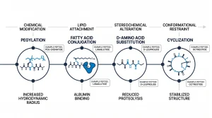 Infographic showing four peptide half-life extension methods: PEGylation, fatty acid conjugation, D-amino acid substitution, and cyclization, with example peptides for each