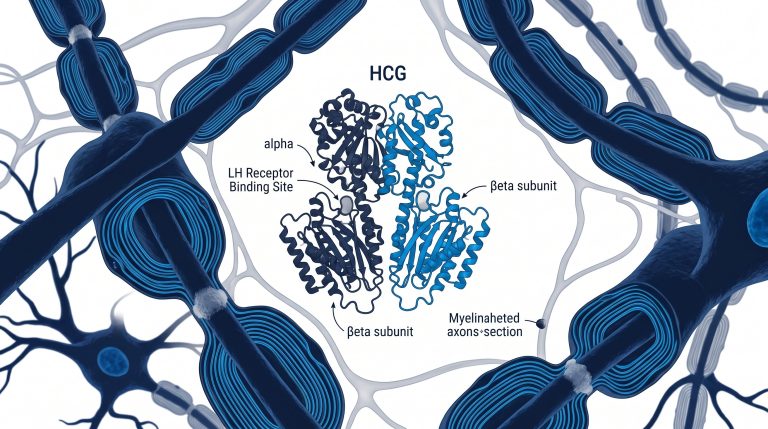 Structural diagram of HCG glycoprotein showing alpha and beta subunits with LH receptor binding site labeled for research reference