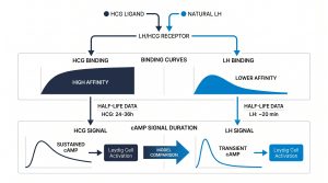 Two-panel chart comparing HCG and natural LH receptor binding curves and cAMP signal duration in Leydig cell models with half-life data shown