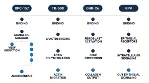Infographic showing the cell signaling pathways studied with each KLOW Stack peptide: BPC-157 angiogenesis, TB-500 actin migration, GHK-Cu collagen output, and KPV gut epithelial signaling