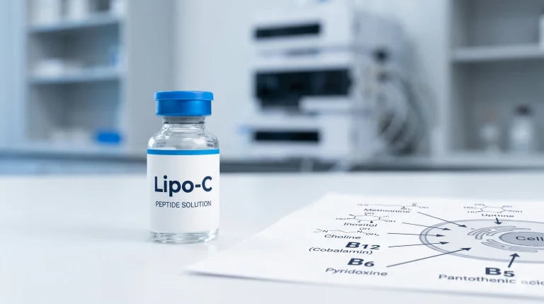 Diagram showing the components of Lipo-C: methionine, inositol, choline, B12, B6, and B5, with arrows showing their roles in liver cell lipid research models