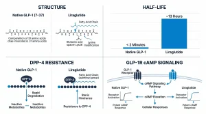 Infographic comparing liraglutide and native GLP-1 by structure, half-life, DPP-4 resistance, and GLP-1 receptor cAMP signaling pathway in cell models