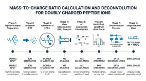 Infographic showing mass-to-charge ratio calculation for a doubly charged peptide ion, and how deconvolution converts multiple m/z peaks to a single neutral mass