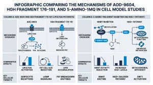 Infographic comparing the mechanisms of AOD-9604 (adipocyte lipolysis pathway), HGH Fragment 176-191 (lipid metabolism pathway), and 5-Amino-1MQ (NNMT inhibition and NAD+ pathway) in cell model studies