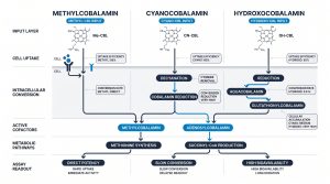 Three-panel comparison of methylcobalamin, cyanocobalamin, and hydroxocobalamin showing conversion steps, cell uptake, and assay readout differences