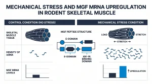 Infographic showing MGF mRNA upregulation in rodent skeletal muscle after mechanical stress, with the E-domain and IGF-1R binding domain highlighted