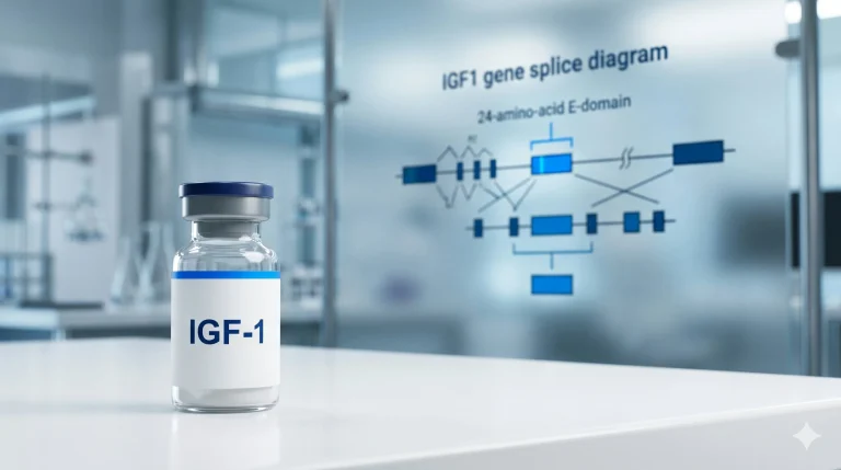 Research diagram showing the IGF1 gene splice producing MGF vs standard IGF-1 Ea, highlighting the unique 24-amino-acid E-domain of MGF in cell model studies