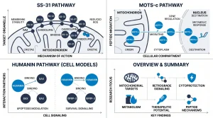 Infographic showing three mitochondrial peptide research pathways: SS-31 binding cardiolipin in the inner membrane, MOTS-c migrating to the nucleus, and Humanin binding BAX and IGFBP-3 in cell models