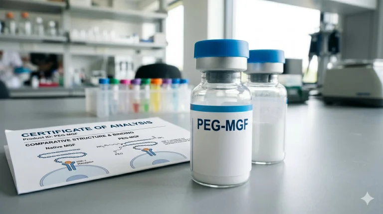 Research diagram comparing native MGF and PEG-MGF structures, showing the PEG chain attachment and IGF-1R binding site in cell model studies