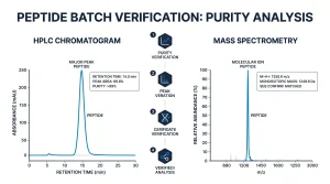 Side-by-side comparison of HPLC chromatogram peaks and mass spectrometry output for a peptide batch verified at greater than 99% purity