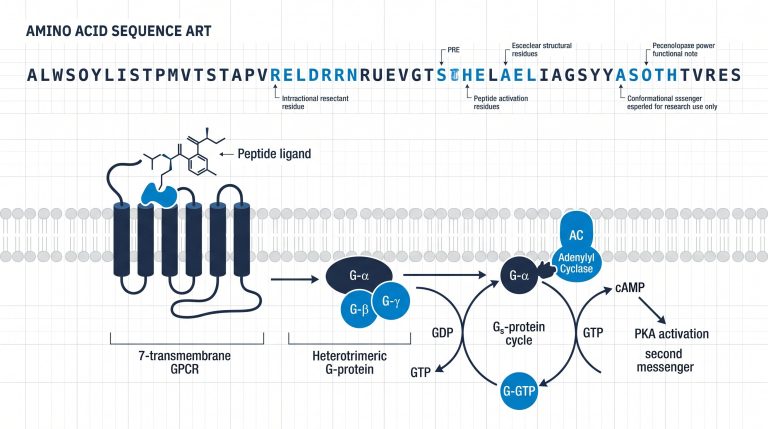 scientific diagram showing a peptide ligand binding to a GPCR on a cell membrane, with G-protein onset and cAMP second messenger cascade, labeled for research use only