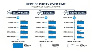 Infographic showing peptide purity retention data over 24 months for lyophilized peptides at different residual moisture content levels, from below 1% to above 3%