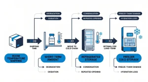 Visual guide to peptide storage stages from room temperature shipping through fridge and freezer cold storage with key risks at each stage