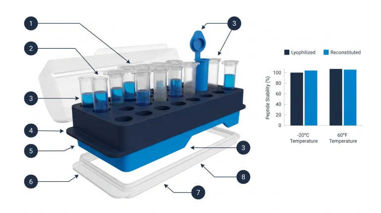 Comparison chart of lyophilized versus reconstituted peptide stability under different storage temperatures for research use