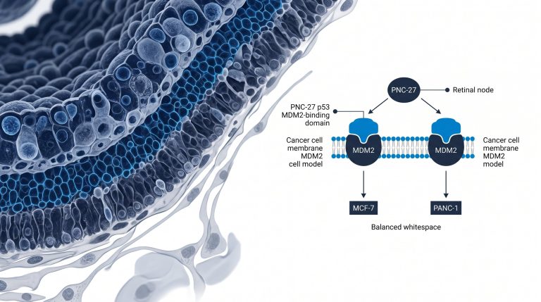Diagram showing PNC-27 p53 MDM2-binding domain interacting with cancer cell membrane MDM2 in MCF-7 and PANC-1 cell models
