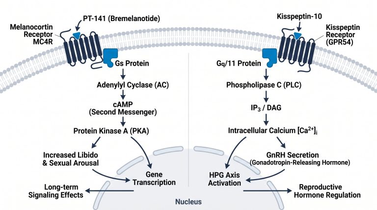 Diagram of melanocortin receptor MC4R and KISS1R signaling pathways showing PT-141 and Kisspeptin-10 binding sites with downstream cAMP and GnRH output labeled for laboratory research reference
