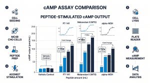 Side-by-side bar chart comparing cAMP output of PT-141, Melanotan II, and alpha-MSH at matched amounts in MC4R-expressing CHO cell assay with fold-change from vehicle control labeled