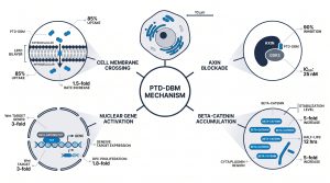 PTD-DBM mechanism: cell membrane crossing, AXIN blockade, beta-catenin accumulation, and nuclear gene activation in dermal papilla cell cultures 