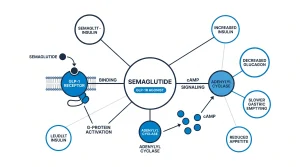 Semaglutide GLP-1 receptor agonist research mechanism infographic, Next Level Pharm