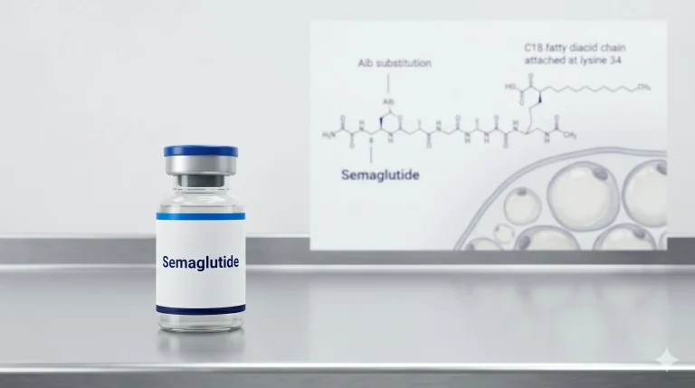 Diagram showing semaglutide structural features: Aib substitution at position 8 and C18 fatty diacid chain attached at lysine 34