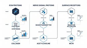 Three-column chart showing skin peptide research targets: ECM proteins, nerve signal proteins, and surface receptors with one example each