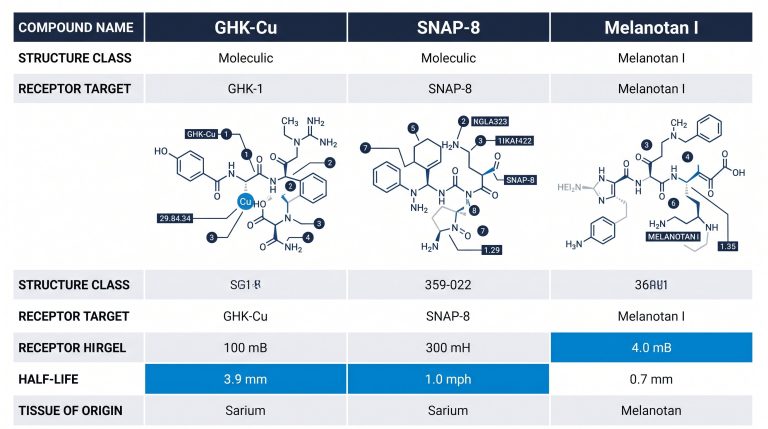 Side-by-side molecular structure diagrams of GHK-Cu, SNAP-8, and Melanotan I with binding targets labeled for research reference
