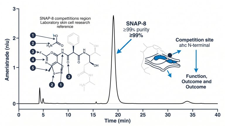 Diagram of SNARE complex assembly showing SNAP-25, syntaxin, and VAMP proteins with SNAP-8 competition site at the N-terminal region labeled for laboratory skin cell research reference