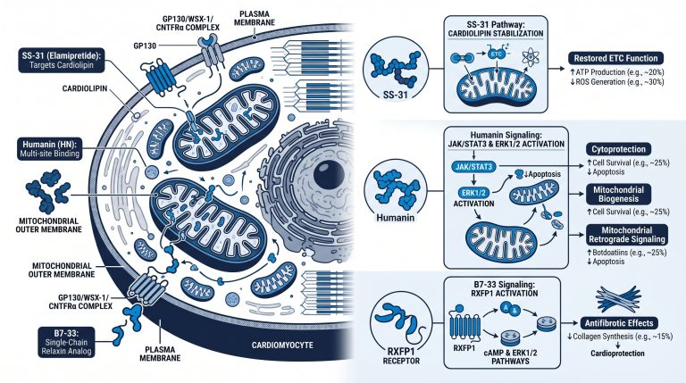 Comparison diagram of SS-31, Humanin, and B7-33 targets in cardiac and mito cell research