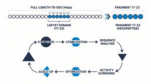 Side-by-side schematic of full-length TB-500 (44aa) with the LKKTET domain highlighted at positions 17-23, and Fragment 17-23 shown as a standalone hexapeptide