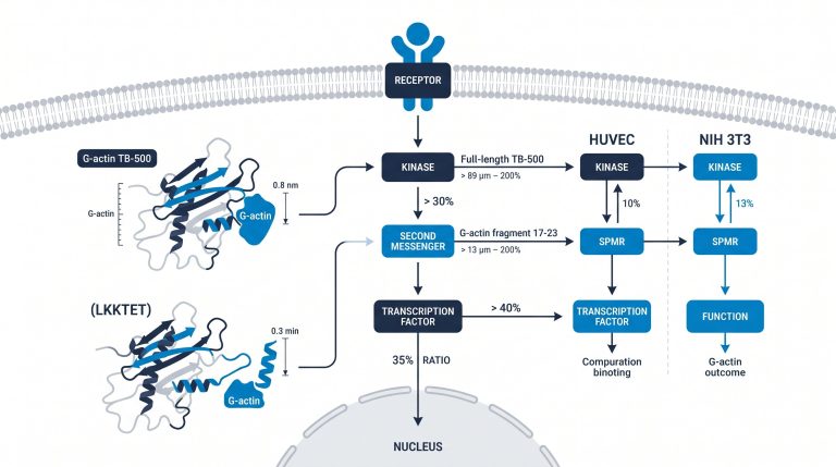 Diagram comparing full-length TB-500 (44aa) and Fragment 17-23 (LKKTET, 6aa) G-actin binding in HUVEC and NIH 3T3 cell models