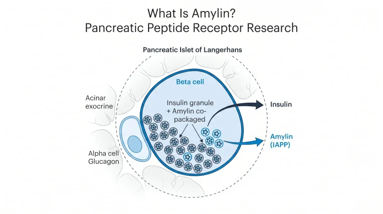 Pancreatic islet cross-section diagram: central beta cell (large, electric blue outline) containing dense-core secretory vesicles labeled "Insulin granule + Amylin co-packaged". Two secretion arrows exit the beta cell — one labeled "Insulin" (navy), one labeled "Amylin (IAPP)" (electric blue). Alpha cell (lighter blue) labeled "Glucagon" visible at periphery. Islet of Langerhans boundary dashed circle. Adjacent acinar exocrine tissue lightly sketched. Histology-plate style, labeled callouts, white background.