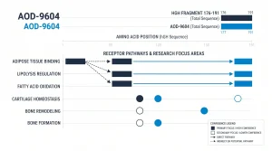 Comparison chart showing AOD-9604 vs HGH Fragment 176-191 amino acid ranges, receptor pathways, and research focus areas