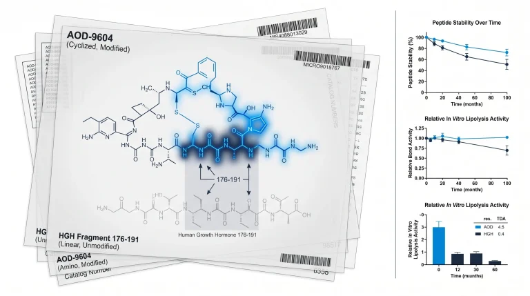 Side-by-side molecular structure diagrams of AOD-9604 and HGH Fragment 176-191 peptide chains
