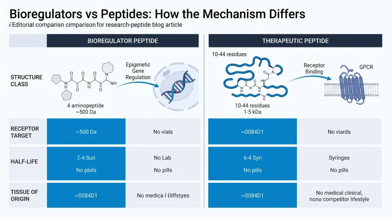 Side-by-side molecular scale comparison: left panel shows a tetrapeptide bioregulator chain (4 amino acid residues, "~500 Da" labeled) with a "Epigenetic Gene Regulation" arrow pointing to a stylized DNA helix; right panel shows a larger therapeutic peptide chain (10-44 residues, "1-5 kDa" labeled) with a "Receptor Binding" arrow pointing to a GPCR receptor schematic. A clean vertical divider separates the panels. Labels highlight the mechanistic and structural distinction.
