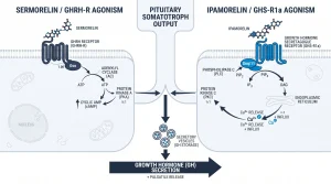 Side-by-side diagram of Sermorelin binding the GHRH receptor and Ipamorelin binding GHS-R1a on a pituitary cell, with arrows showing cAMP and calcium downstream signaling.