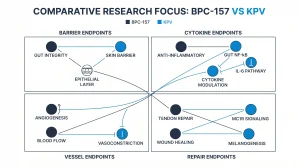 Side-by-side comparison of BPC-157 research focus areas (gut repair, vascular growth, tissue repair) vs KPV research focus areas (skin inflammation, gut NF-kB, MC1R signaling).