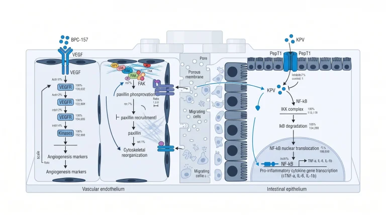 Side-by-side diagram showing BPC-157's VEGF and FAK-paxillin signaling pathway versus KPV's PepT1 transporter and NF-kB inhibition route.