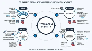 Infographic comparing SS-31, Humanin, BPC-157, and MOTS-c by cardiac research target, mechanism, and lab model type, for research use only