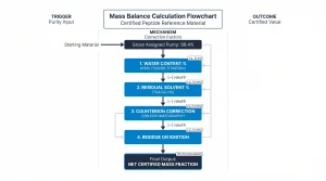 Mass balance calculation flowchart for a certified peptide reference material: starting with "Gross Assigned Purity: 99.4%" at top, four correction factor boxes connected by subtraction arrows — (1) Water content % (Karl Fischer titration), (2) Residual solvent % (TGA/GC-HS), (3) Counterion correction (ion chromatography), (4) Residue on ignition. Final output: "Net Certified Mass Fraction". Numbered boxes, connecting arrows, electric blue for each correction step.