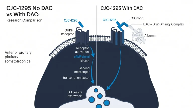 GHRH receptor binding diagram on anterior pituitary somatotroph cell: stylized pituitary gland cross-section with somatotroph cell highlighted. CJC-1295 peptide (labeled) approaching GHRH receptor (labeled) on cell surface. Receptor activation shown with intracellular cAMP signal arrow leading to "GH vesicle exocytosis" at base of cell. With DAC version shows additional albumin protein tethered to the peptide via DAC linker, labeled "DAC = Drug Affinity Complex". Navy cell, electric blue peptide and signal arrows, white background.