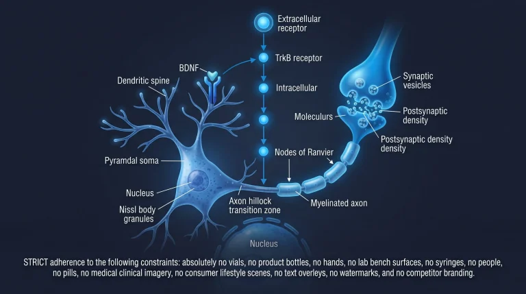 Detailed neuron illustration: branched dendritic tree with dendritic spines labeled, pyramidal soma with visible nucleus and Nissl body granules, axon hillock transition zone, myelinated axon with nodes of Ranvier labeled, presynaptic terminal bulb with synaptic vesicles releasing neurotransmitter into the synaptic cleft, postsynaptic density labeled on the dendritic spine. BDNF molecule labeled binding TrkB receptor on dendrite surface. Dark navy background, electric blue signaling glow, white labels.