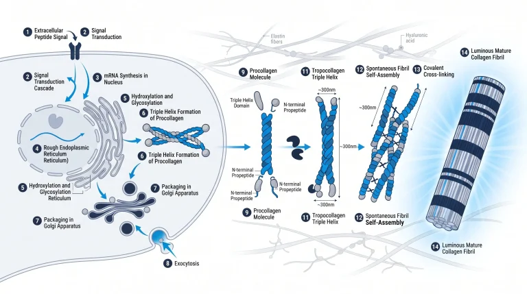 Microscopic image showing skin cells producing collagen fibers in a tissue model, illustrating the synthesis process from cell to outside the cell matrix.