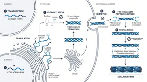 Multi-step collagen synthesis process from pre-collagen inside the skin cell to mature collagen fibrils in the outside the cell matrix, with pre-collagen peptide cleavage marked.