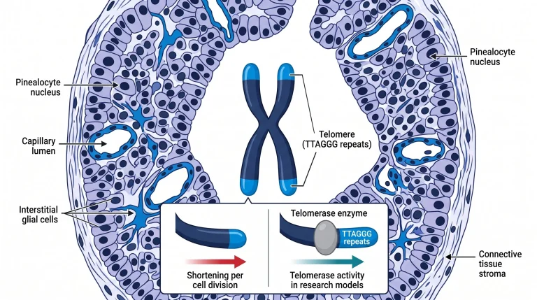 Chromosome telomere research illustration: single chromosome shown in X-shape (navy blue chromatid bodies). Both ends of each chromatid capped with bright electric blue telomere blocks labeled "Telomere (TTAGGG repeats)". Below the chromosome: a divided panel — LEFT showing a shortened telomere with red arrow labeled "Shortening per cell division"; RIGHT showing telomerase enzyme (labeled, gray oval) adding repeats to elongated telomere end with green-blue arrow labeled "Telomerase activity in research models". Histology-plate aesthetic, white background, labeled callouts.