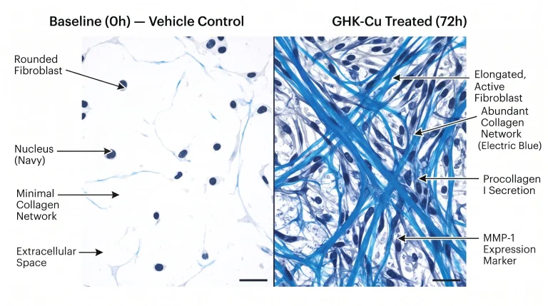 Two-panel fibroblast culture histology comparison: left panel labeled "Baseline (0h) — Vehicle Control" showing sparse, rounded human dermal fibroblasts with minimal collagen signal (light background); right panel labeled "GHK-Cu Treated (72h)" showing dense, elongated fibroblasts with a rich collagen fiber network stained in electric blue (Masson's trichrome aesthetic). Procollagen I and MMP-1 markers annotated with callout arrows. Histology scale bar visible.