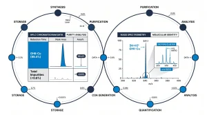 Two-panel COA data layout: left panel = HPLC peak table with columns Retention Time | Peak Area | Area% — one main row for GHK-Cu (99.4%) and one for total impurities (<0.6%); right panel = mass spectrum with x-axis m/z 300-400, dominant peak at m/z 341.1 labeled "[M+H]+ GHK-Cu" in electric blue, isotope cluster visible. Both panels in navy/blue, white background, minimal grid, annotation arrows.