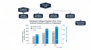 Bar chart comparing fibroblast collagen markers at three timepoints (24h, 48h, 72h): grouped bars — procollagen type I secretion (ng/mL, left y-axis) and MMP-1 expression (pg/mL, right y-axis) — for vehicle control (gray bars) vs GHK-Cu treated (electric blue bars). Significant difference asterisks at 48h and 72h. Navy/blue palette, white background, clean minimal grid.