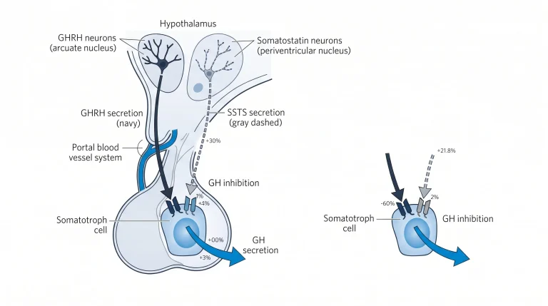 Hypothalamic-pituitary axis diagram: upper section shows hypothalamus with two labeled neuron types — "GHRH neurons (arcuate nucleus)" secreting GHRH arrow downward (navy), "Somatostatin neurons (periventricular nucleus)" secreting SSTS arrow downward (gray dashed). Lower section shows anterior pituitary with somatotroph cell receiving both signals. GHRH arrow triggers "GH secretion" from somatotroph (electric blue). SSTS arrow shows "GH inhibition" (gray). Portal blood vessel connecting both regions labeled. Clean anatomical illustration, labeled callouts.
